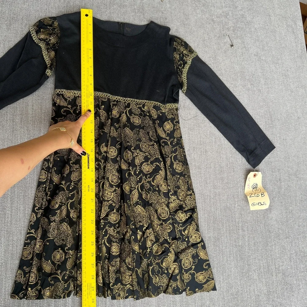 Girls Fit & Flare Dress 10 Black Gold Paisley Long Sleeve Back Zip Party Holiday